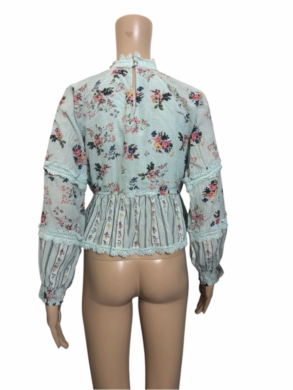Hemant & Nandita Mint Floral Lace Trim Peplum Blouse Top - Picture 5 of 8